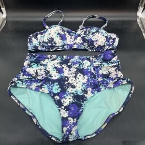 Adore Me womens 2 piece bikini swim suit size Medium blue floral high waisted